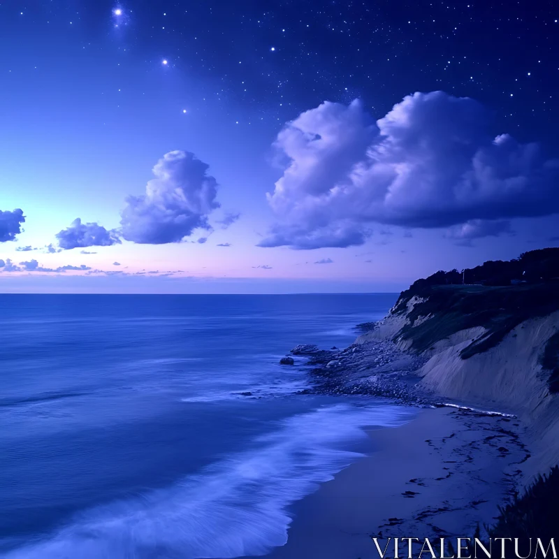 Night Seascape with Stars and Clouds AI Image