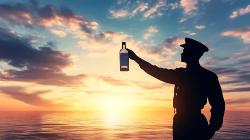 Sunset Silhouette Holding Bottle