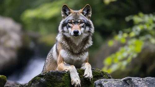 Wolf Resting on Mossy Rock