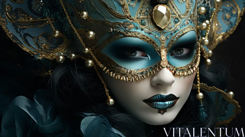 Elegant Woman in Gothic Blue and Gold Mask AI Image