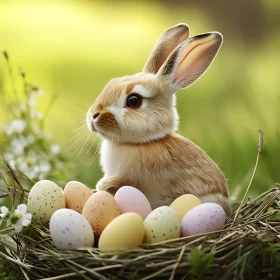 Whimsical Bunny Surrounded by Easter Eggs