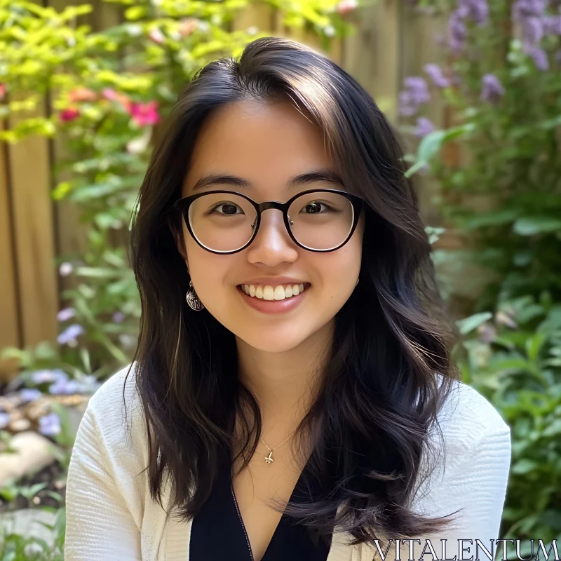 Young Woman Smiling in Garden Portrait AI Image