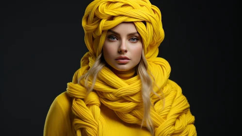 Fashionable Modern Woman Knitting a Scarf in Yellow Dress