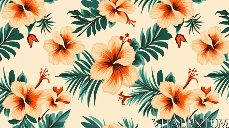 Hibiscus Flowers Seamless Pattern in Light Orange and Emerald AI Image