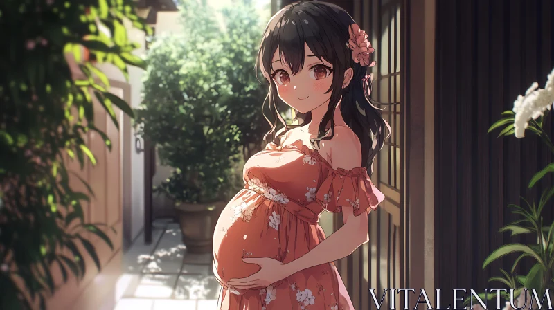Pregnant Woman in a Sunlit Anime Garden
