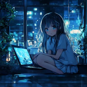 Nighttime Reflection with Anime Girl and City Lights