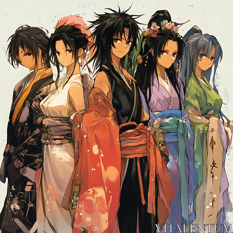 Group of Anime Characters in Colorful Kimonos AI Image