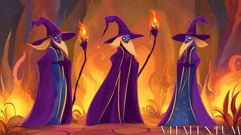 Mystical Wizards Amidst a Fiery Inferno