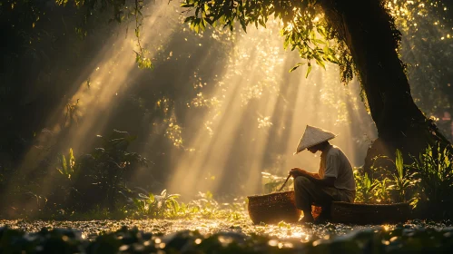 Peaceful Forest Sunlight with Person