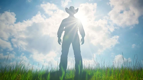 Lone Cowboy Silhouette in Field