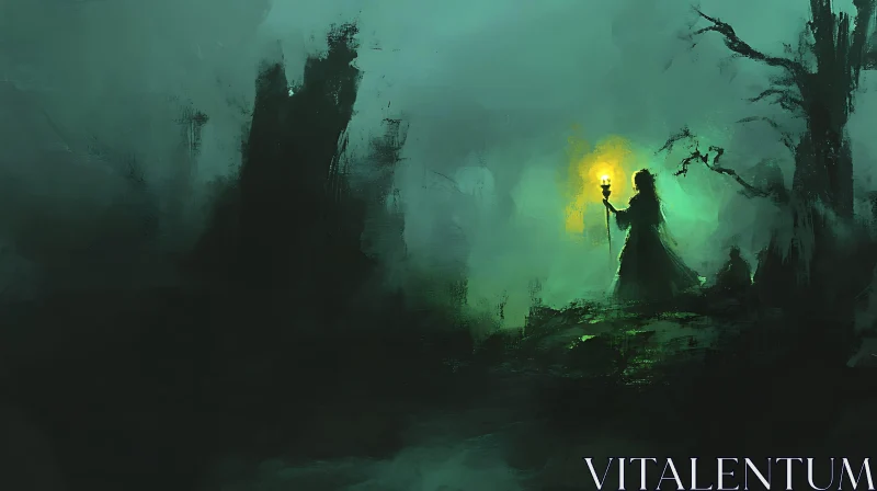 Figure with Torch in Dark Green Forest