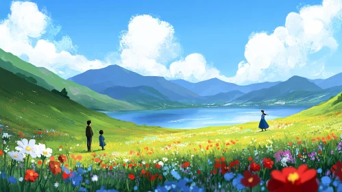 Family Walk Among Vibrant Flowers in a Mountainous Field