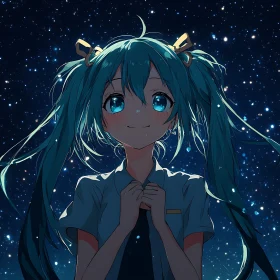 Starry Night Anime Girl with Blue Twintails