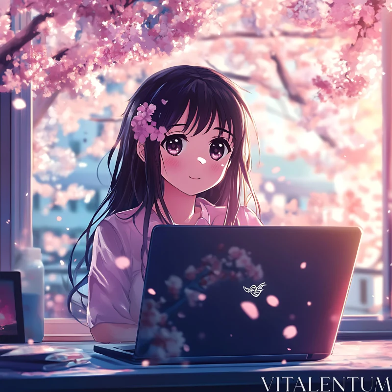 Springtime Anime Girl Using Laptop