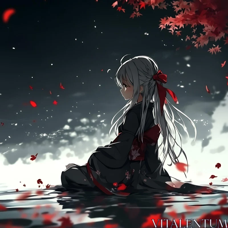 Anime Girl in Night Scene with Floating Leaves AI Image