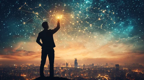 Man Reaching for the Stars in Cityscape