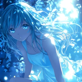 Anime Art with Blue-Haired Girl in Magical Setting