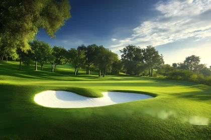 Scenic Golf Course Landscape with Sunlit Greens and Trees , AI