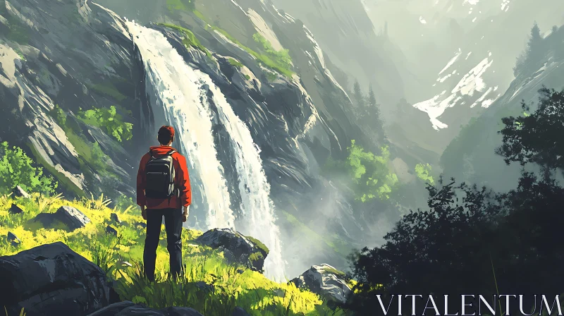 Serene Waterfall View with Red Jacket Hiker