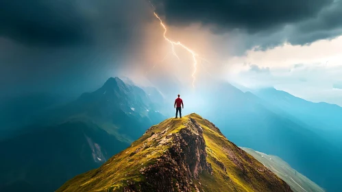 Courageous Man Facing a Lightning Storm