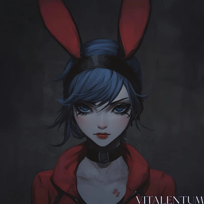 Anime Art: Blue-Haired Woman with Bunny Ears AI Image