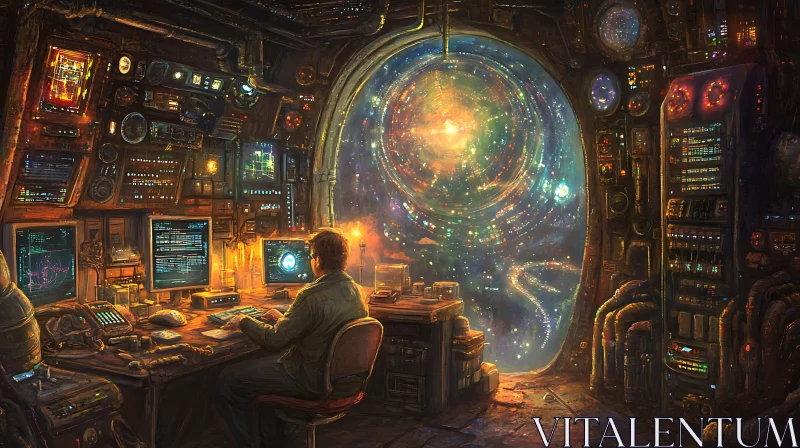Man Coding in Front of a Cosmic Portal