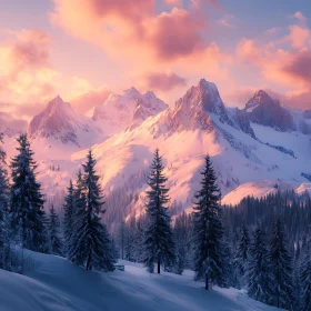 Winter Mountain Scene with Pink Sky