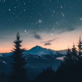 Night Sky Over Snowy Mountain Range