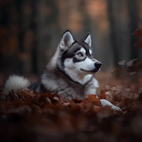 Siberian Husky Amidst Autumn Leaves