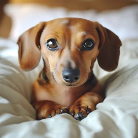 Cute Dachshund Puppy with Big Eyes on Bed