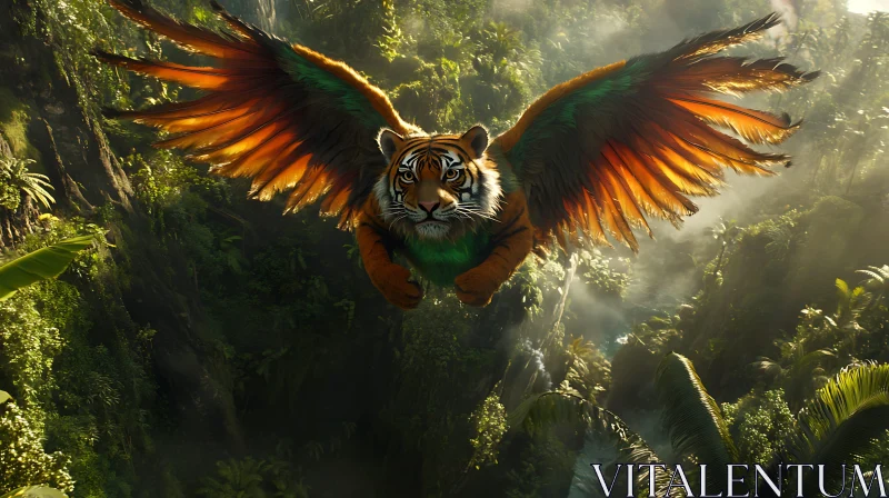 AI ART Tiger with Wings Flying Over Greenery