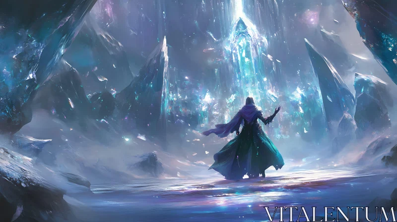 Mystical Ice Cave with Wizard Figure