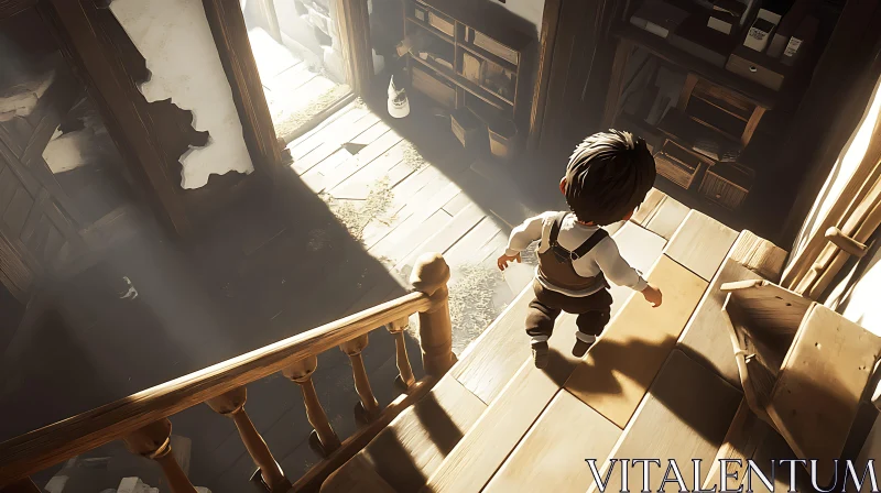 AI ART Boy Climbing Stairs in Warm Light