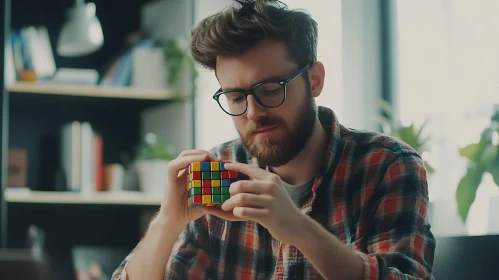 Man Concentrating on Cube Puzzle