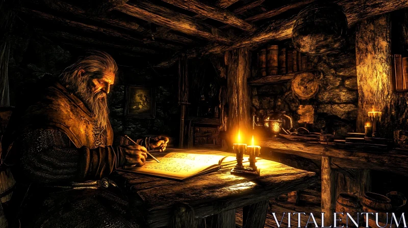 Candlelit Scribe in Ancient Study