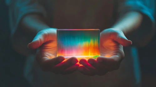 Hands Holding a Glowing Color Cube