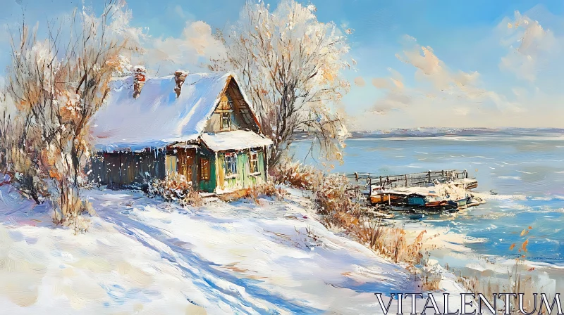 Snowy Lakeside Cabin Retreat Painting AI Image