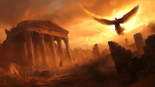 Golden Phoenix in Ruined Cityscape