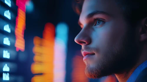 Neon Light Portrait of a Focused Man