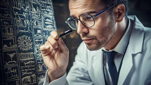 Man Examining Ancient Egyptian Hieroglyphs