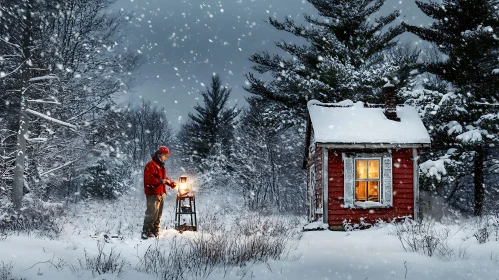 Snowy Cabin with Man and Lantern