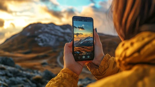 Woman Photographing Mountain Sunset