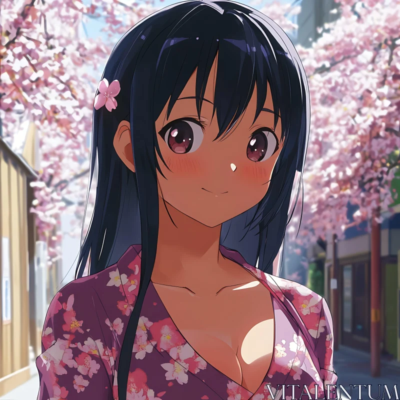 Cherry Blossoms Girl in Kimono