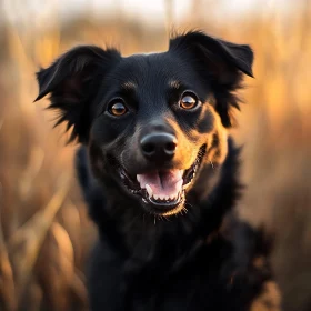 Happy Black Dog in Golden Sunlight Field