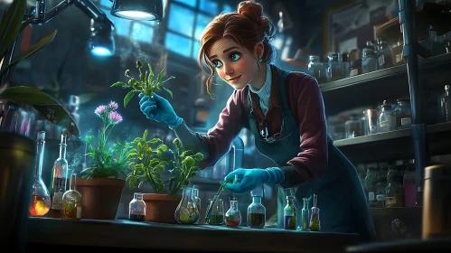 Woman Scientist Examining Plants in Laboratory