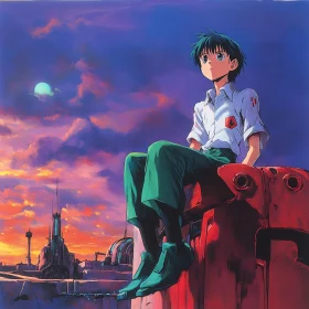 Contemplative Anime Character Overlooking Sunset