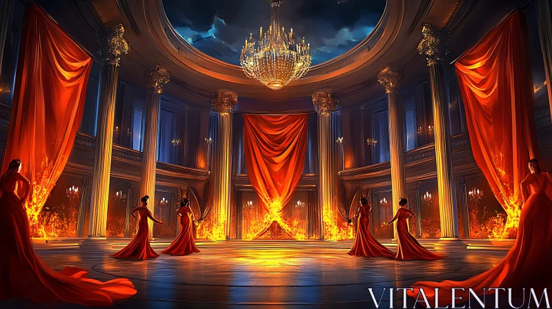 Red Gowns in a Luminous Hall
