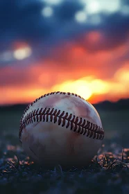 Baseball on Grass Field at Sunset - A Timeless Sport  AI Generated Image