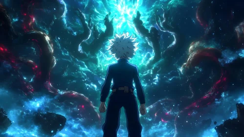 Ethereal Cosmic View with Anime Silhouette