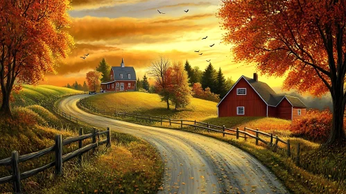 Autumnal Farmhouses at Sunset